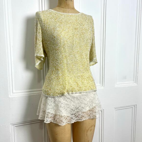 Odeon vintage glamorous short sleeve yellow beaded top with zipper size xl - Picture 1 of 8